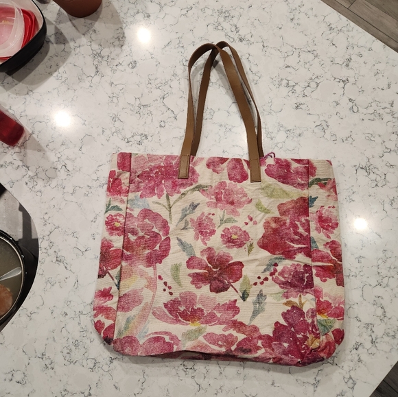 FLORAL FLIRTY POM POM CANVAS TOTE BAG WATERCOLOR ECCOLO NWT cream & pink - Picture 11 of 12